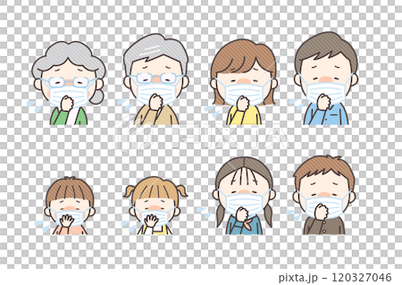 マスクをして発熱と咳をしている家族のセット 120327046