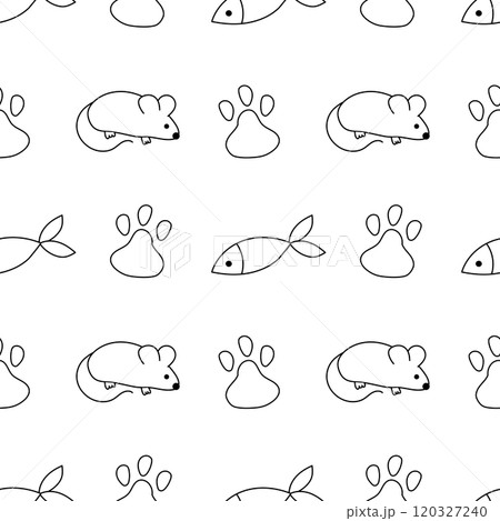 Seamless vector pattern with Cute mouse, fish and paw. Outline, Doodle, Line Art. Animal Background. Flat illustration. 120327240