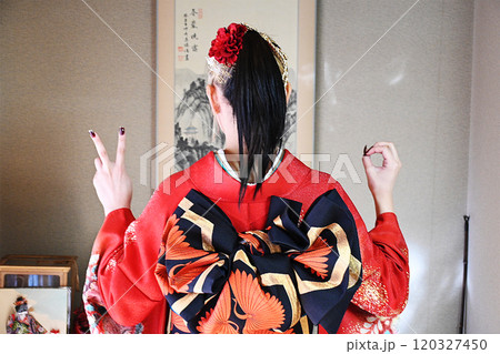 成人式の晴れ着を着た女の子の後ろ姿 120327450