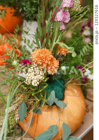 Flower arrangement in a pumpkin, autumn interior decor. Creating handmade autumn decor. Flower arrangement in a pumpkin, autumn interior decor. Creating handmade autumn decor. 120327616