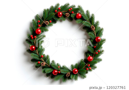Christmas wreath made of fir branches decorated with red berries, cones and balls on white background. Copy space, layout, layout, design. Minimalism 120327761