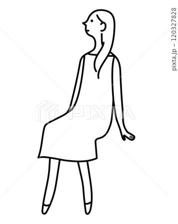 座る若い女性　モノクロ線画 120327828