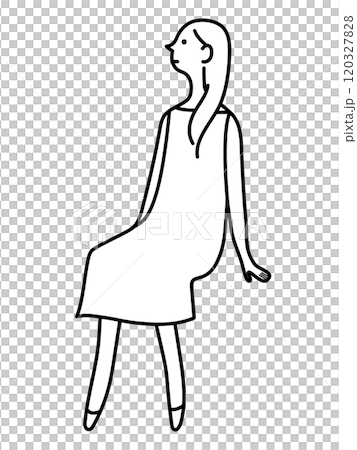 座る若い女性　モノクロ線画 120327828