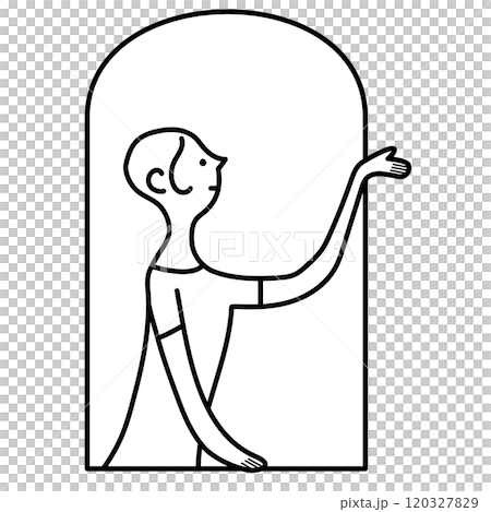 A young woman putting her hand out the window to check the rain, monochrome line drawing 120327829