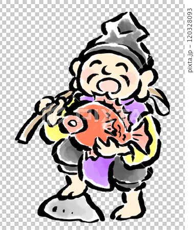 Ebisu holding a fishing rod and sea bream - hand-drawn illustration 120328093