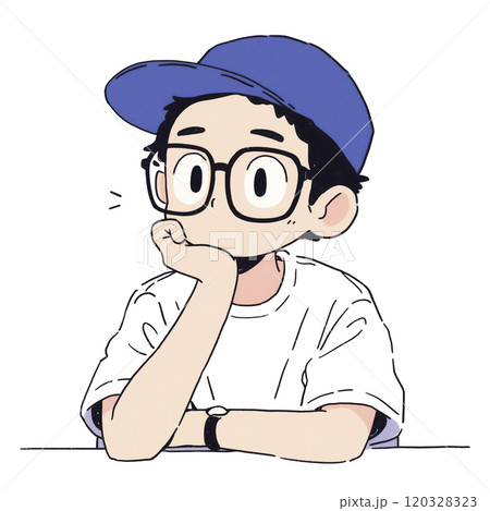 頬杖をついて物思いに耽る男性のイラストのイラスト素材 [120328323  