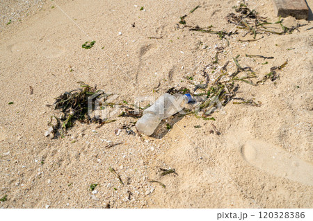 砂浜に打ち上げられたプラスチックごみ 120328386
