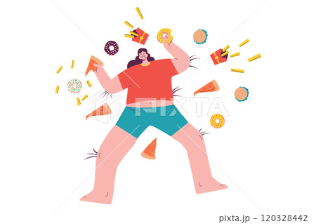 Girl Surrounded by Lots of Food Girl Surrounded by Lots of Food 120328442