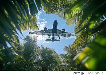 ヤシの木々の間を飛ぶ旅客機の躍動的な視点 120328504
