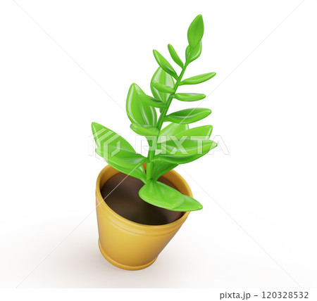3d plant in flower pot for home and office interior decor isolated render icon. Green tree with branches and leaves, cartoon houseplant in yellow plastic or ceramic planter with soil. 3D illustration 120328532