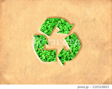 Arrows recycle symbol with clover leaves on striped cardboard texture. Horizontal banner with eco paper texture. Ecology, go green, Green Energy, environmental, conservation protection concept 120328601