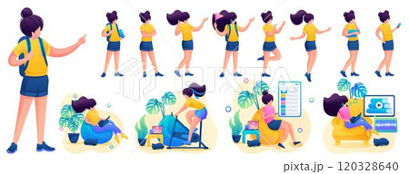 Young girl in various poses and actions, communication, work, training. 2D flat character vector illustration N3 120328640