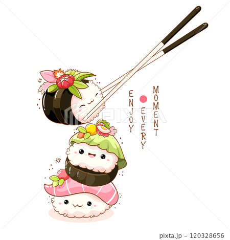 Stack of cute sushi and rolls in kawaii style with smiling faces. Japanese traditional cuisine dishes. Can be used for t-shirt print, sticker, greeting card, menu design. Vector illustration EPS8 120328656