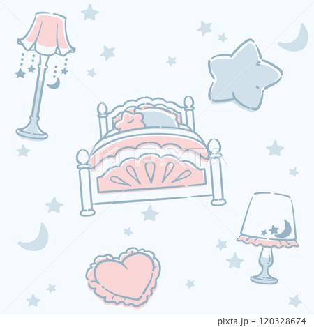 ゆめかわ、ガーリーなパステルトーンのシームレス・パターン素材。ベクターイラスト素材。 120328674