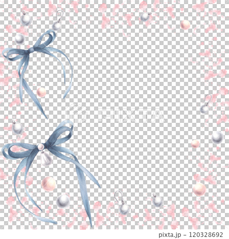 Blue bows, ribbons with pearl earrings on watercolor pink spots splashes abstract background. Square frame. Coquette style template, girly card, product label Hand drawn illustration isolated clipart. 120328692