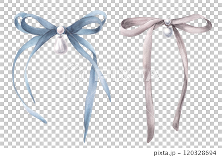 Blue and grey bows with a pearls. Watercolor two cute hair ribbon. Coquette girl accessory hand drawn in realistic style illustration. Clipart for product label, card, sticker Isolated from background Blue and grey bows with a pearls. Watercolor two cute hair ribbon. Coquette girl accessory hand drawn in realistic style illustration. Clipart for product label, card, sticker Isolated from background 120328694