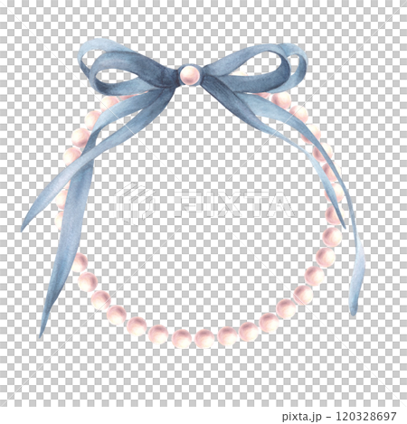 Pearl frame with blue bow Watercolor hand drawn illustration. Elegant Coquette girl, ladies style pearly necklace with grey ribbon for greeting, wedding, card, label template Isolated from background 120328697