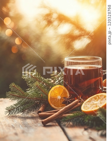 Warm mulled wine with cinnamon and orange for cozy winter evenings 120328768
