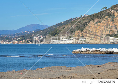 Breakwater and tunnel on Mediterranean Sea. Nature and mountains of Italy. Setri Levante, Liguria. Breakwater and tunnel on Mediterranean Sea. Nature and mountains of Italy. Setri Levante, Liguria. 120328819