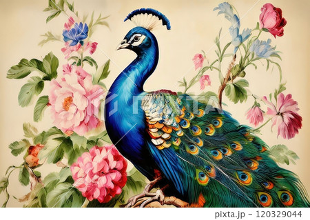 an ai generated image, peacock portrait on background of flowers vintage 120329044