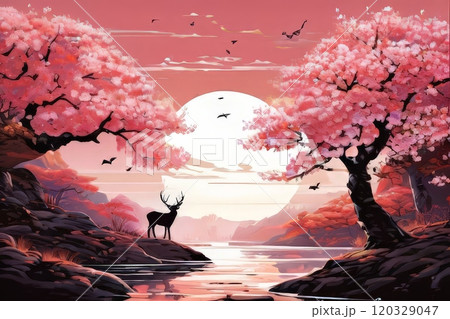 a deer stands in a field of pink flowers Sun rays filter 120329047