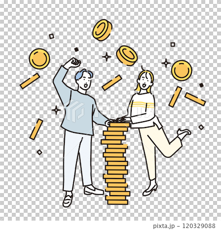 シンプル イラスト お金が増えて喜ぶ男女 シンプル イラスト お金が増えて喜ぶ男女 120329088