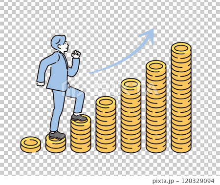 シンプル　イラスト　資産運用で増えたお金の階段を登る男性 120329094