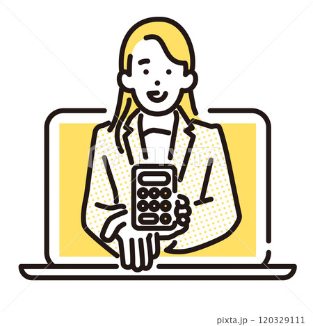 シンプル　イラスト　オンライン見積もりの女性と電卓 120329111