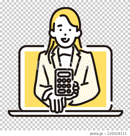 シンプル　イラスト　オンライン見積もりの女性と電卓 120329111