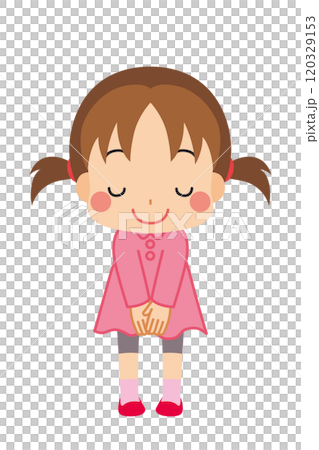 一個可愛的小女孩鞠躬的插圖，白色背景，向量剪貼畫 120329153