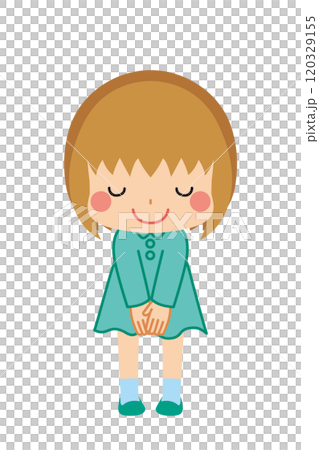 一個可愛的小女孩鞠躬的插圖，白色背景，向量剪貼畫 120329155
