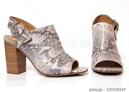 Snake Skin Print Wedge High Heel Shoes on White Background 120329247