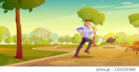 Man running along park pathway chasing emu. 120329360