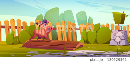 Cartoon boar walking proudly in fenced garden Cartoon boar walking proudly in fenced garden 120329361