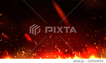 Glowing fire sparks rise on dark background. 120329454