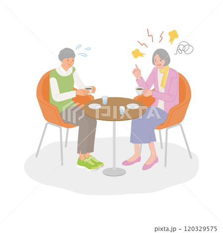 シニアライフ：友人の愚痴をカフェで聞かされてうんざりするシニア女性 120329575