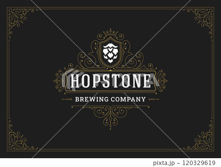 Vintage flourishes ornament logo for beer pub with hops crown design template vector 120329619