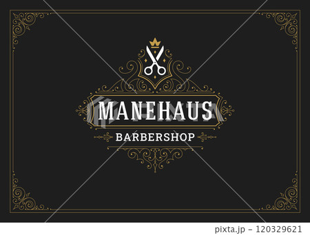 Royal classical Victorian ornament logo for barbershop with scissors design template vector Royal classical Victorian ornament logo for barbershop with scissors design template vector 120329621