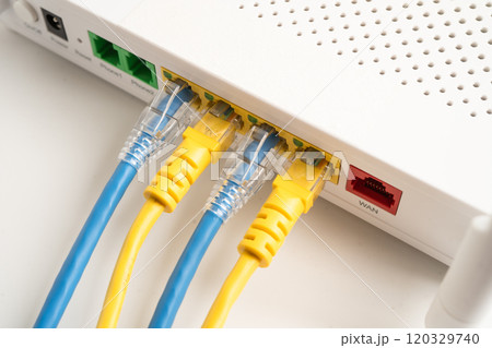 Ethernet cable with wireless router connect to internet service provider internet network. 120329740