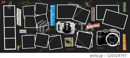 Vintage photo frame set with camera and sticker icons at the transparent bg as a png. Retro collage design for dream memories 120329747