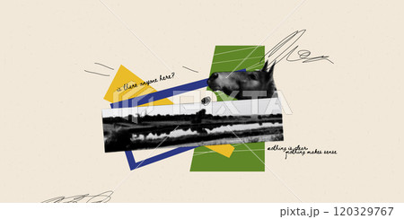 Collage landscape with horse. Abstract vector poster featuring animal design. Creative mix of grunge textures, geometric shapes, and vintage overprint 120329767