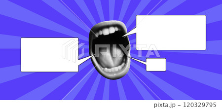 Collage of a halftone mouth with a speech bubble, yelling in a pop art style. Blue sunburst background 120329795