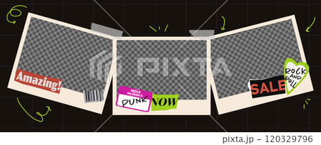 Vector template of photo frames collage. Transparent banner with grunge and punk stickers for scrapbook design. 120329796