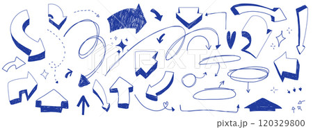 Set of handdrawn scribble arrows. Squiggly line strokes. Doodle elements. Infographic decoraring set. Collection of vector guides. Blue Pen lines at the white background. Set of handdrawn scribble arrows. Squiggly line strokes. Doodle elements. Infographic decoraring set. Collection of vector guides. Blue Pen lines at the white background. 120329800
