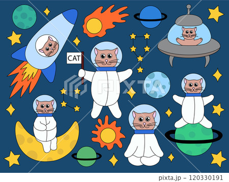 Cute cat astronaut in space with planet and moon constellation, stars, comet. Flat vector Illustration. Cute cat astronaut in space with planet and moon constellation, stars, comet. Flat vector Illustration. 120330191