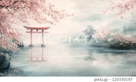 桜が満開のアニメ風の日本の風景 120330197