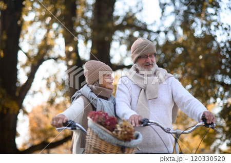 Elderly couple on walk in park, pushing their bikes side by side. Seniors in love on stroll through autumn city, enjoying a peaceful moment together. 120330520