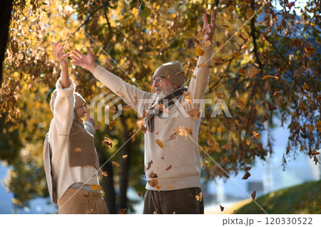 Portrait of beautiful senior couple during walk in autumn park, playing in the fallen leaves. Elderly husband and wife throwing leaves in the air. Portrait of beautiful senior couple during walk in autumn park, playing in the fallen leaves. Elderly husband and wife throwing leaves in the air. 120330522