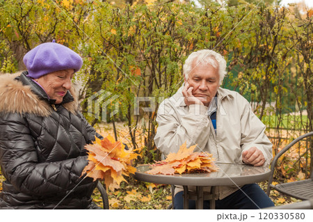 Old man and woman senior couple in autumn park outdoor 120330580