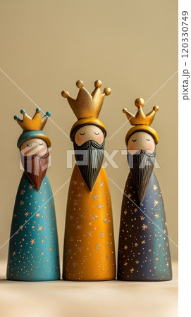 Three Kings figurines made of wood with golden crowns. Three Kings Day and Epiphany vertical banner 120330749